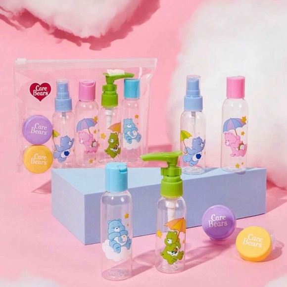 SOLD Care Bears Cartoon 14pc Lot Travel Bottles, Mini Makeup Puffs, Powder Puffs - Picture 2 of 15